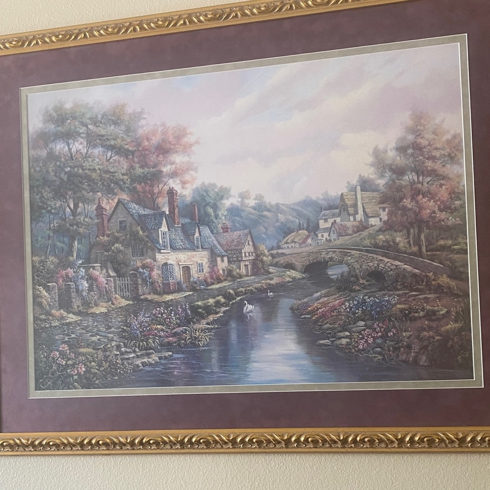 Tranquil Cottage River Art Print in Purple Tones